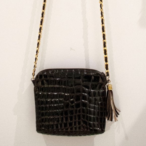 DUE FRATELLI - Black Glossy Croc Embossed Leather Shoulder Bag Purse - Picture 3 of 5